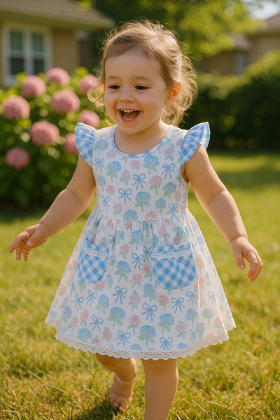 Blue Hydrangea Bow Print Dress