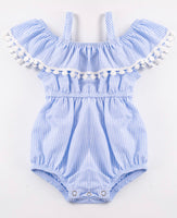 Blue Stripe Pom Pom Romper