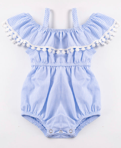 Blue Stripe Pom Pom Romper