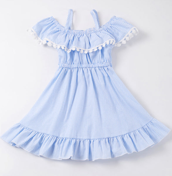 Blue Stripe Pom Pom Dress