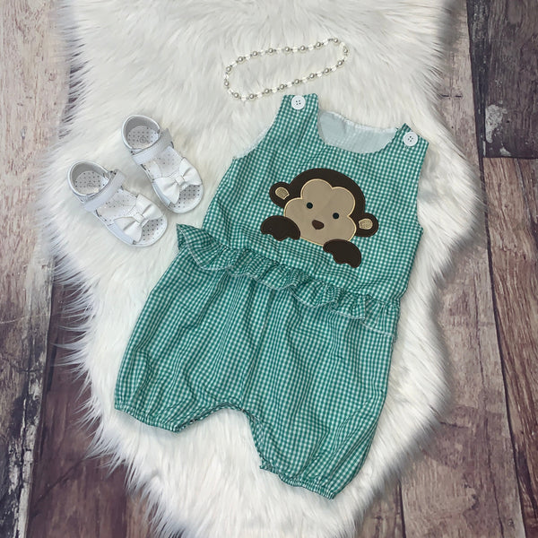 Girl's Embroidered Monkey Green Checkered Ruffle Longall Romper