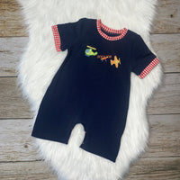 Navy Blue Embroidered Airplane Romper