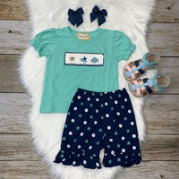 Babeeni Girl's Mint & Navy Smocked Starfish Ruffle Top & Short Set