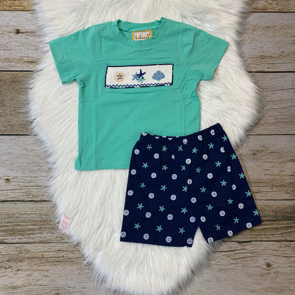 Babeeni Boy's Mint & Navy Smocked Starfish Tee & Short Set