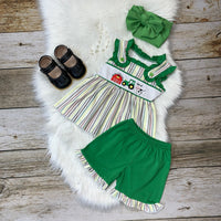 Green Ruffle Sleeveless Multi Color Stripe Embroidered Barn Tractor Cow Tunic & Green Short Set