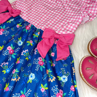 Hot Pink and Navy Blue Floral Mid-Twirl Dress