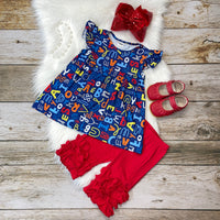 Blue Letters Print Back to School Tunic with Red Shorts