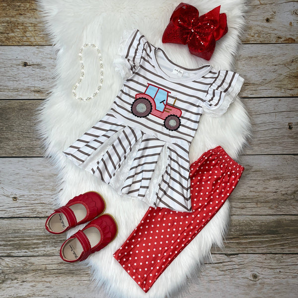Red & Grey Embroidered Tractor Peplum and Capris Set