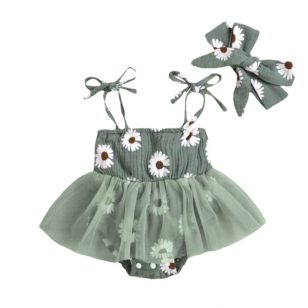 Sage Muslin Daisy Printed Skirted Bubble with Headwrap