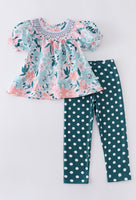 Green Floral Smocked Set