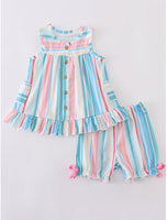 Blue and Pink Striped Ruffle Short Set