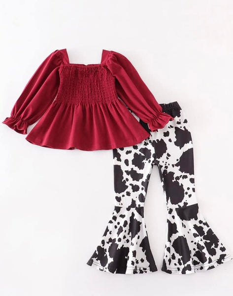 Red Smocked Top and Cow Print Bells Set