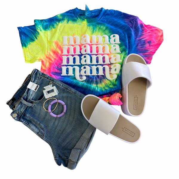 MAMA | White PUFFY Neon Rainbow Tie Dye Graphic Tee